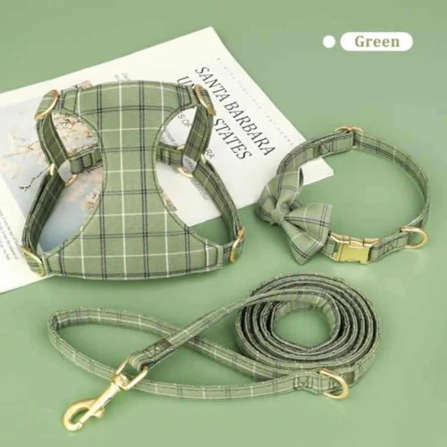 Adjustable Plaid Dog Harness With Collar And Leash Set