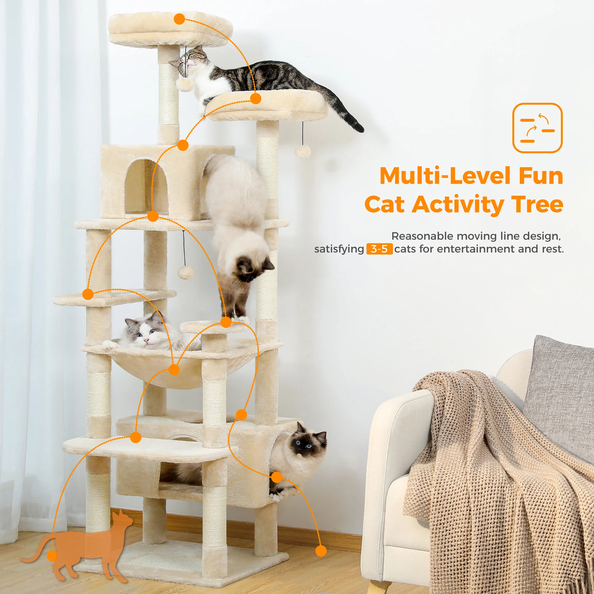 PAWZ Road Indoor Cat Tree Tower With Hammock And Scratch Posts