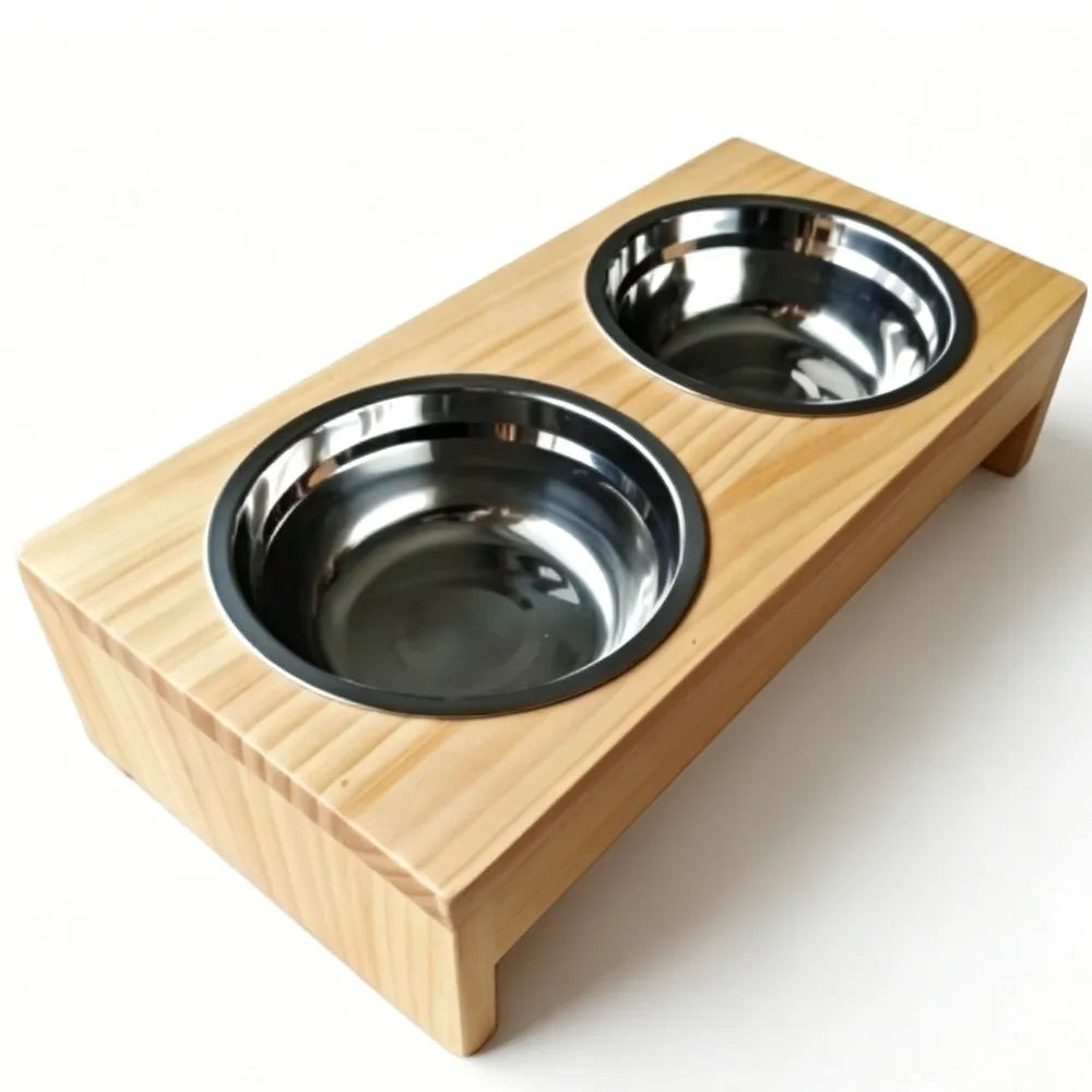 Wooden Elevated Dog Bowls Raised Stainless Steel Feeder