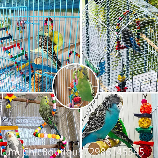 Wood Parrot Cage Toy Set With Swing Bridge And Bells