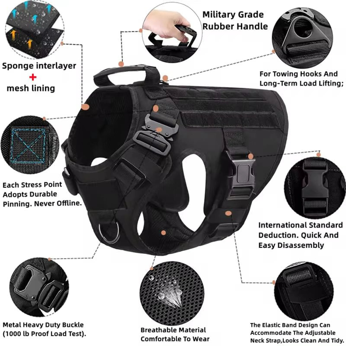Petavel Tactical Dog Harness Molle Pouches For Walking Training