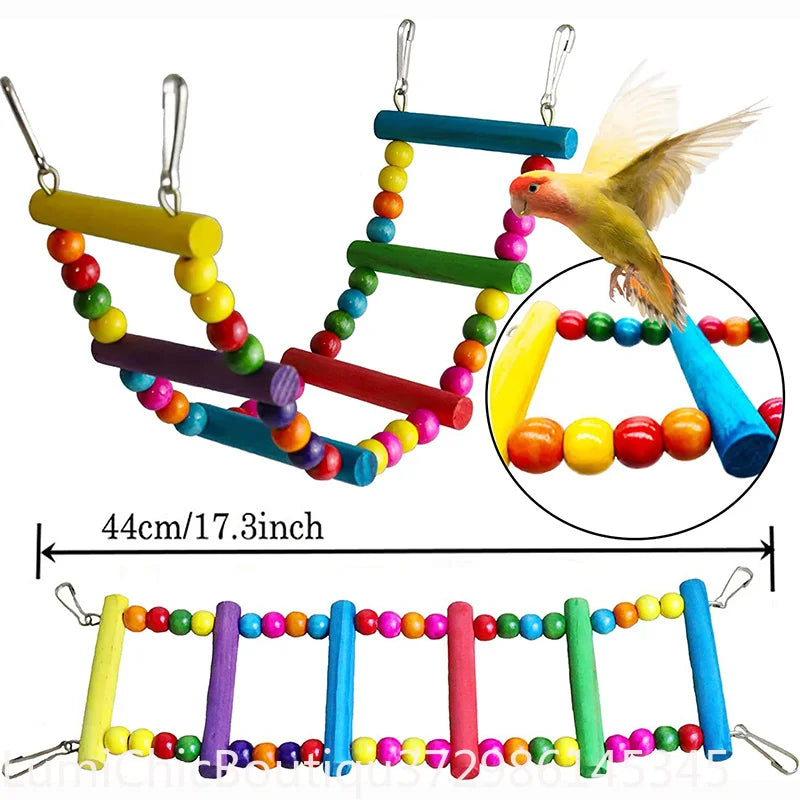 Wood Parrot Cage Toy Set With Swing Bridge And Bells