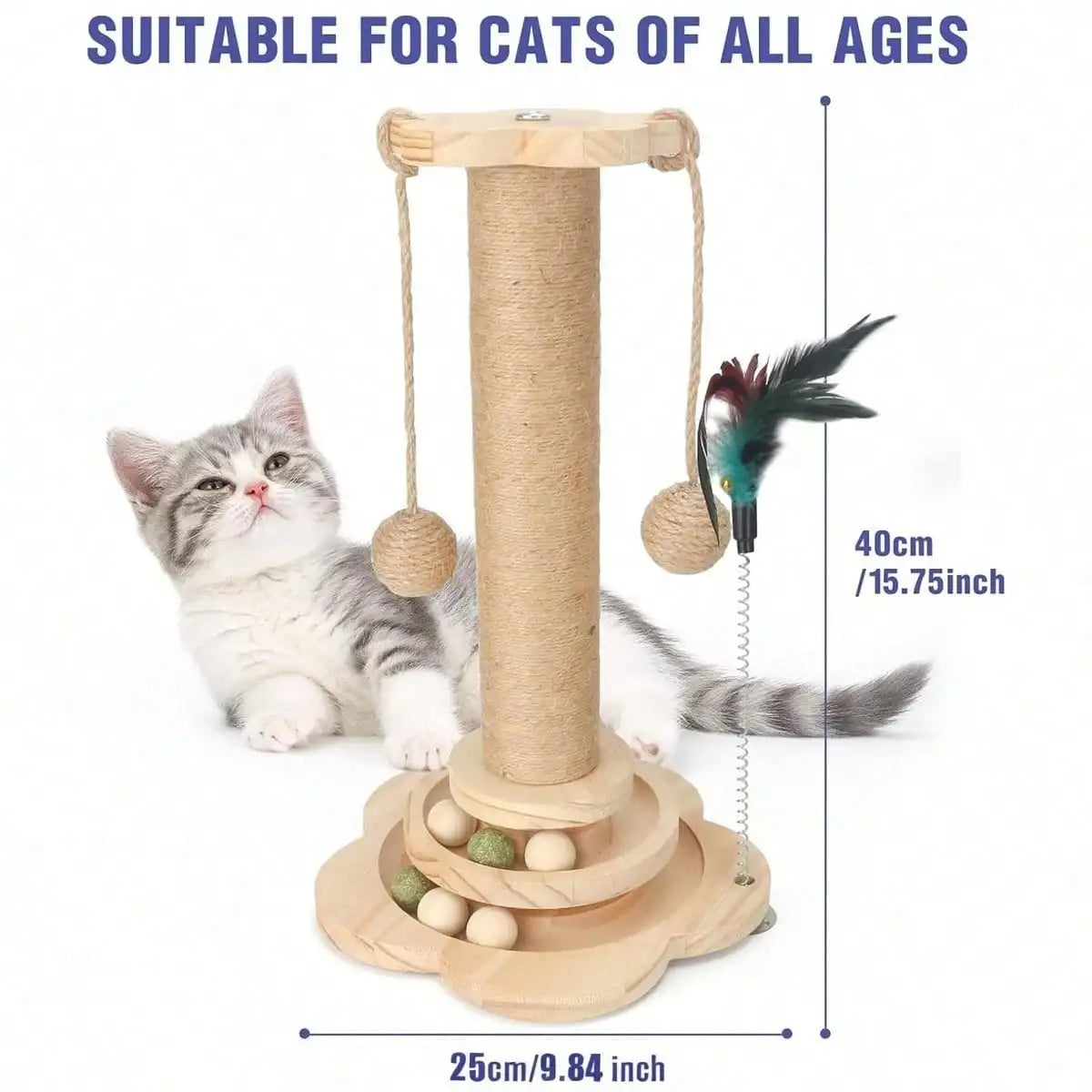 Indoor Interactive Bamboo Cat Scratching Post With Ball Tracks