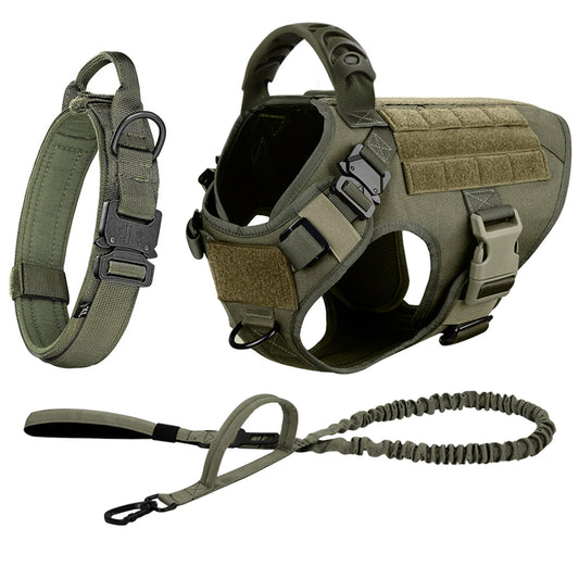 Adjustable Tactical Dog Harness Collar Leash Set Nylon Outdoor Vest