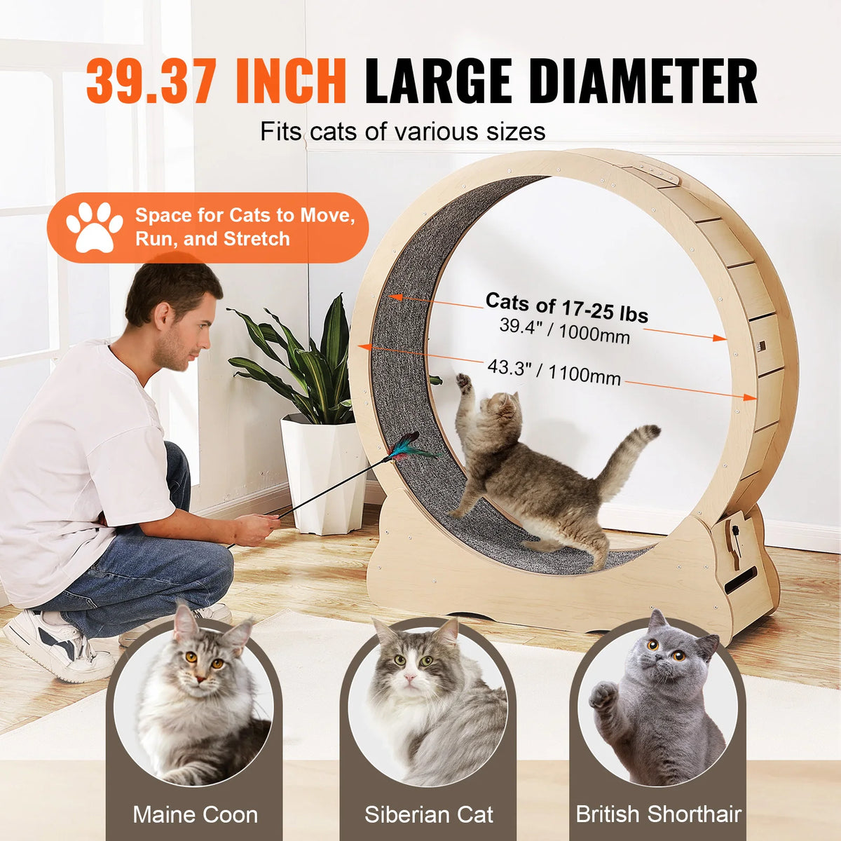 Wooden Cat Exercise Wheel With Detachable Carpet And Interactive Teaser