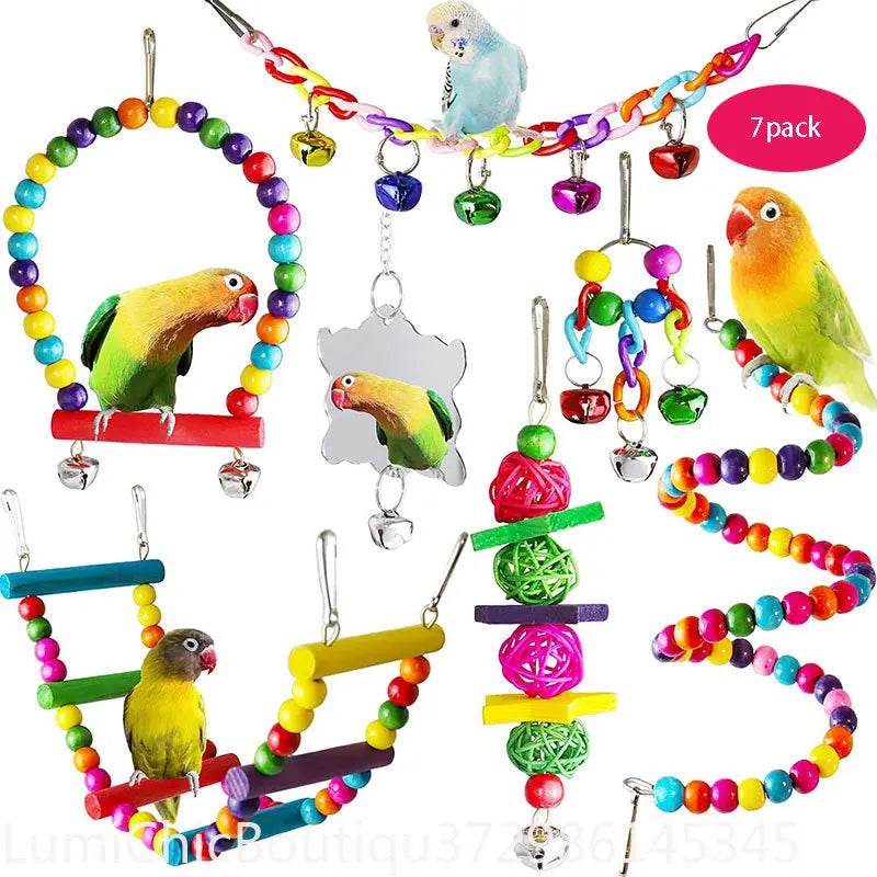 Wood Parrot Cage Toy Set With Swing Bridge And Bells