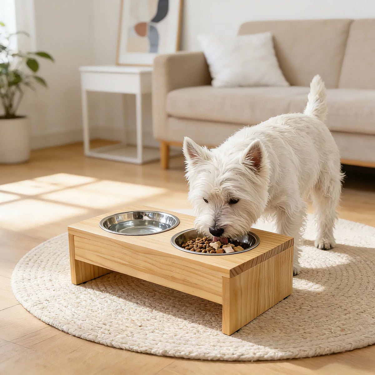 Wooden Elevated Dog Bowls Raised Stainless Steel Feeder