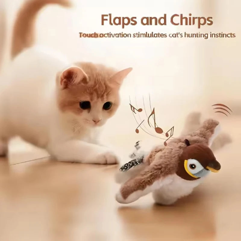 Interactive Touch Activated Bird Cat Toy Chirping Flapping Plush Pet